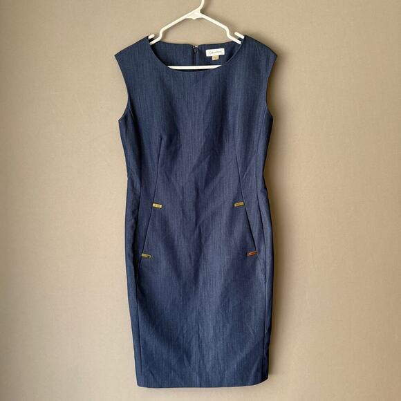 Calvin Klein sz 8 blue pocketed studded sheath Dress‎ - Picture 1 of 9